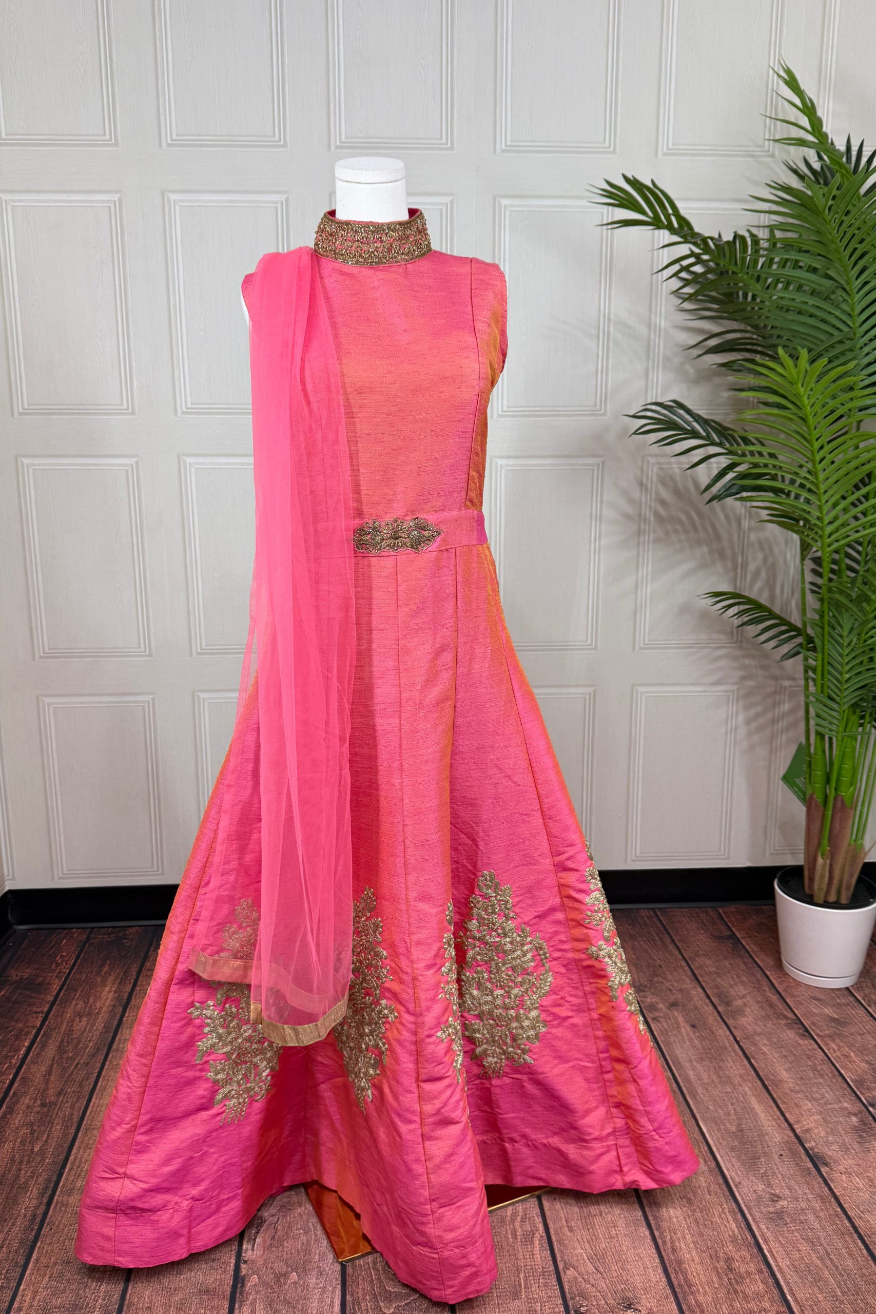 Vibrant Pink-Orange Embroidered Gown