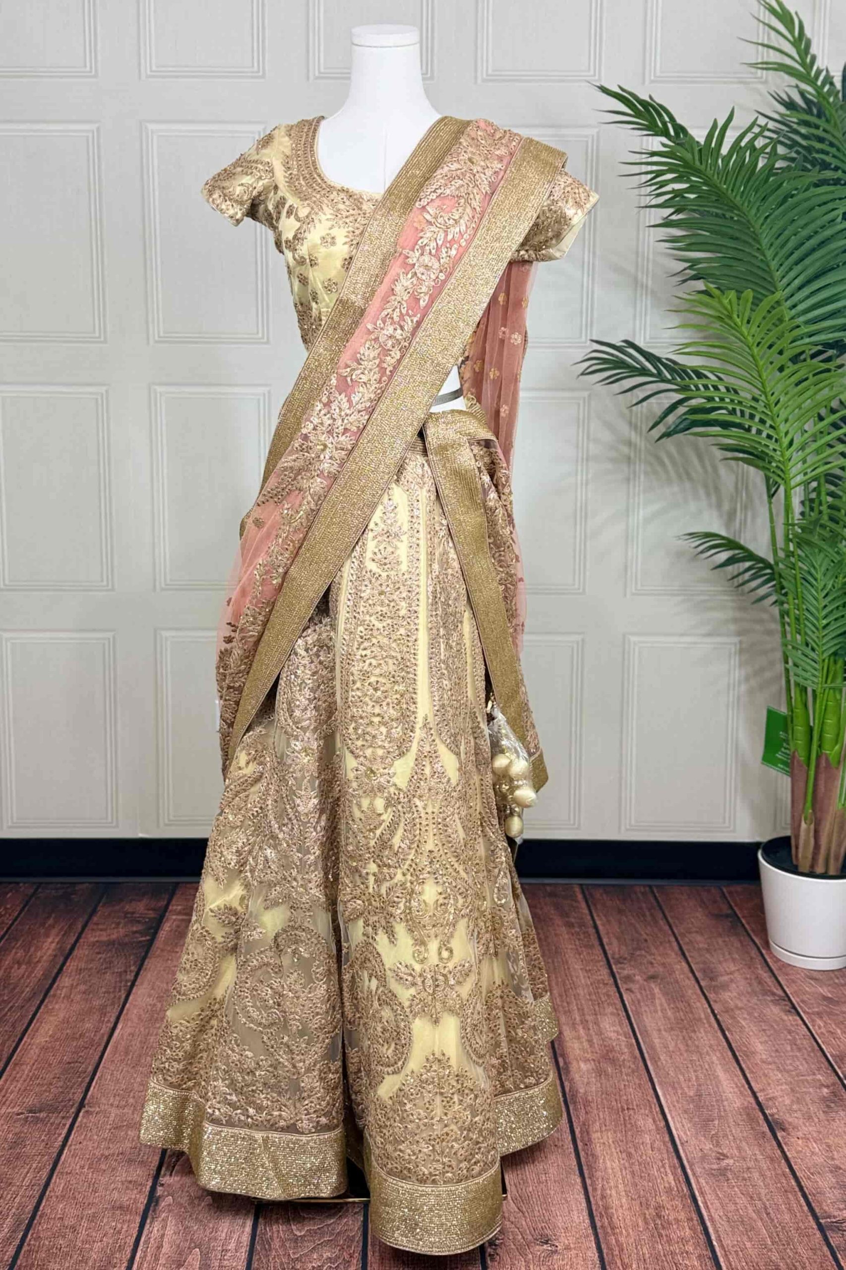 Pale Yellow & Pink Soft Net Lehenga Choli Set