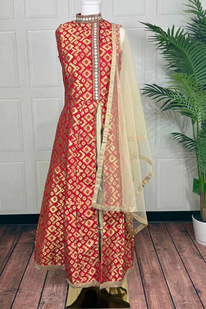 Red and Gold Brocade Top Set with Gold Pants & Dupatta