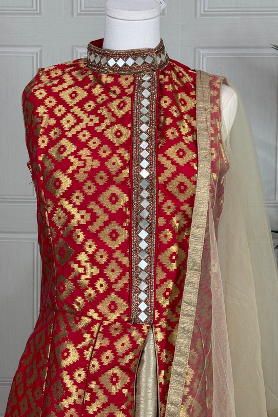Red and Gold Brocade Top Set with Gold Pants & Dupatta - Image 2