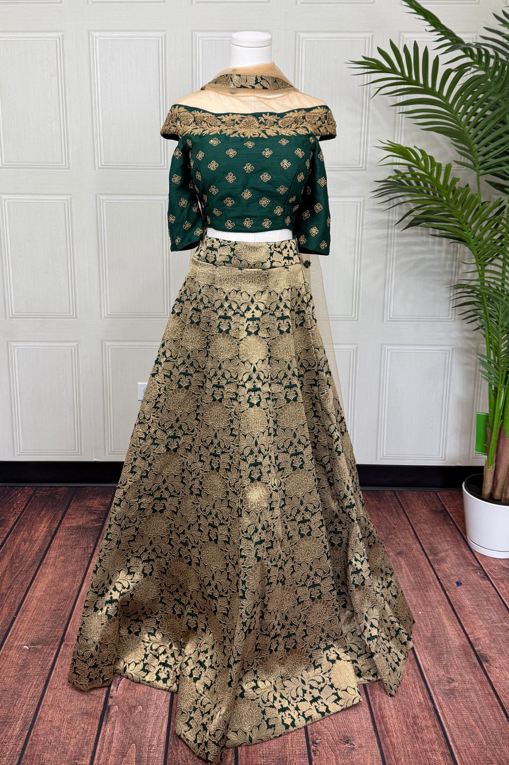 Bottle Green and Gold Banarasi Lehenga with Zari Work