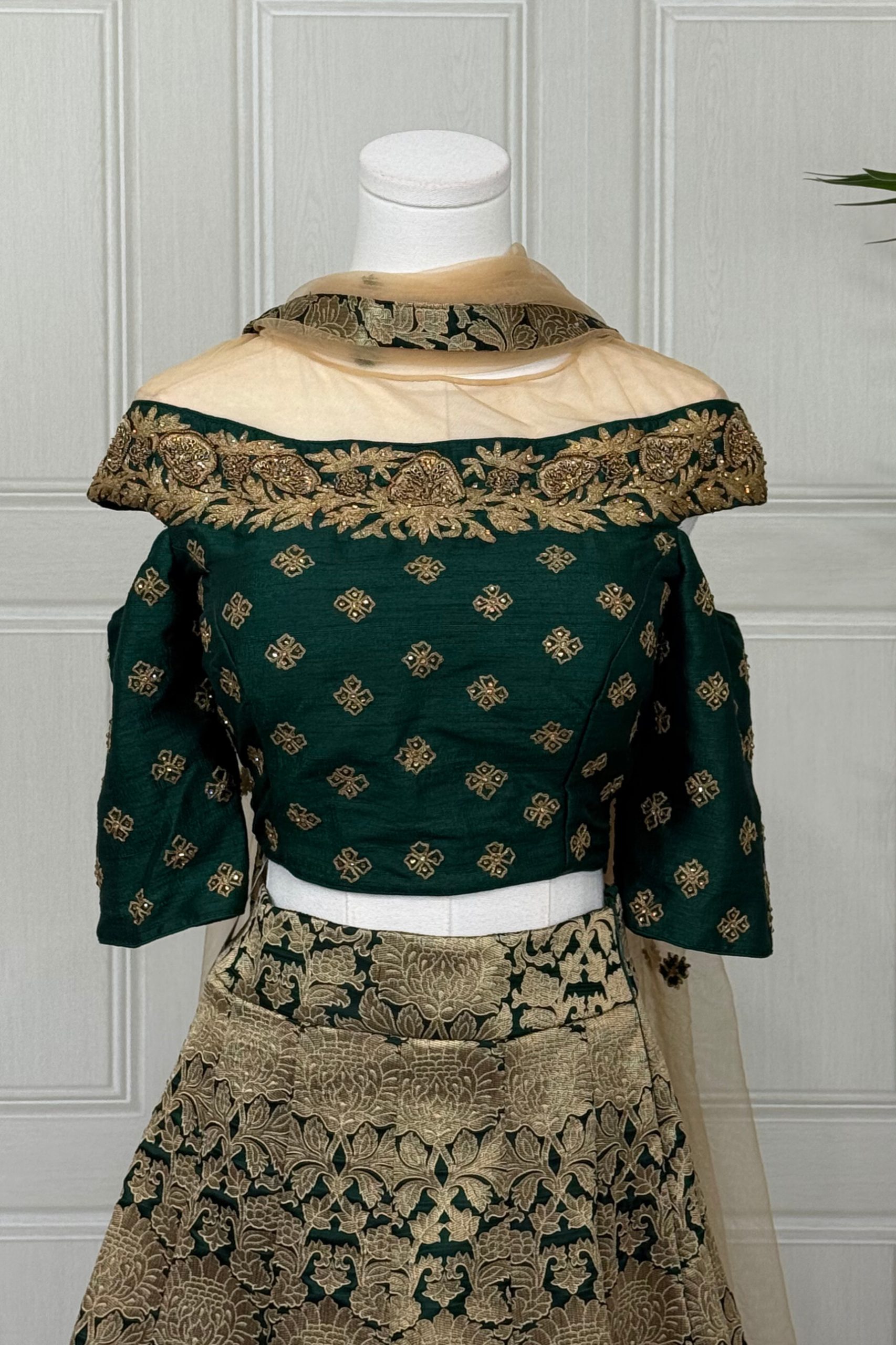 Bottle Green and Gold Banarasi Lehenga with Zari Work - Image 2