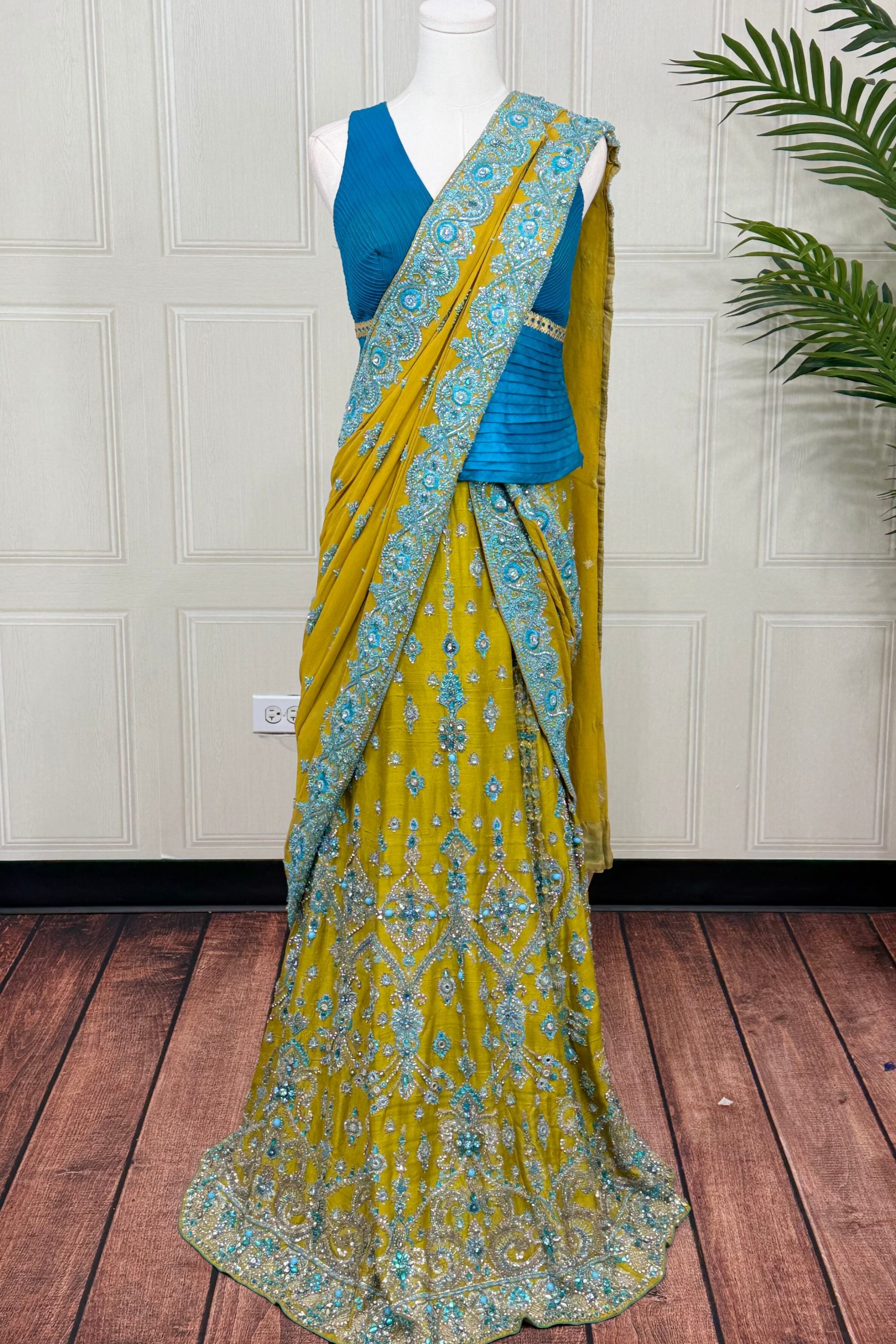 Teal and Mustard Raw Silk Lehenga with Cutdana and Heavy Kundan Work