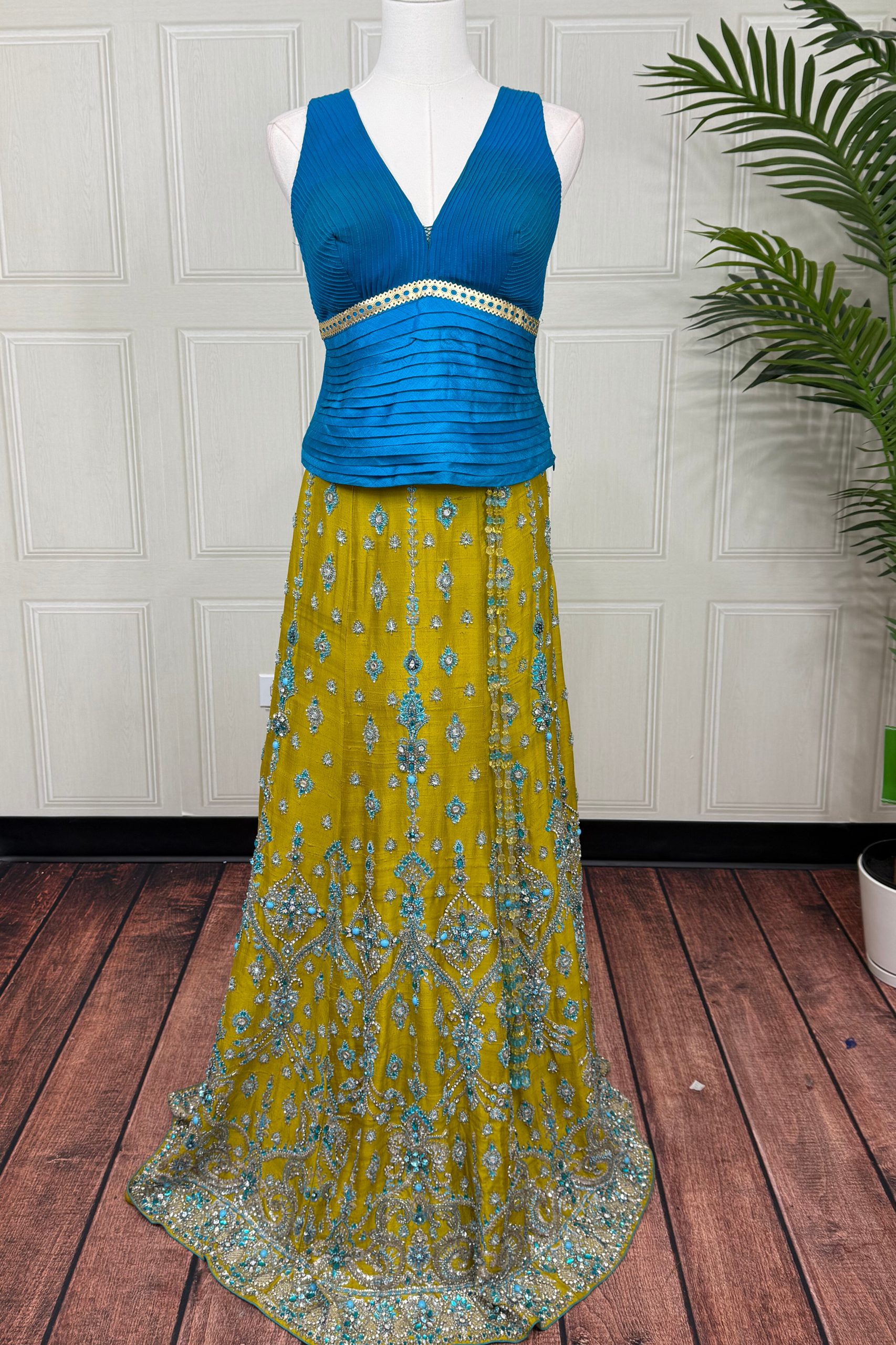 Teal and Mustard Raw Silk Lehenga with Cutdana and Heavy Kundan Work - Image 2