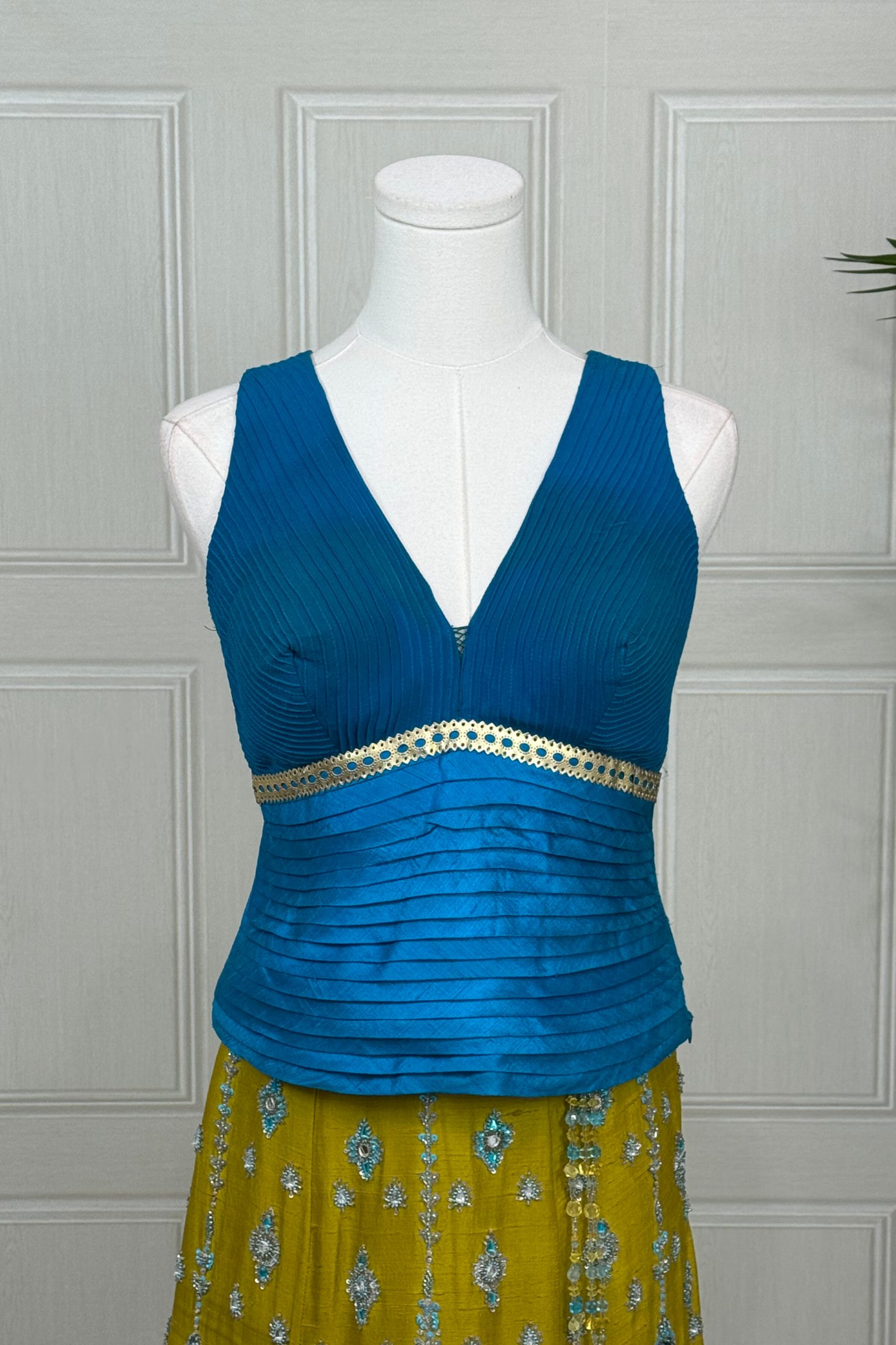 Teal and Mustard Raw Silk Lehenga with Cutdana and Heavy Kundan Work - Image 3