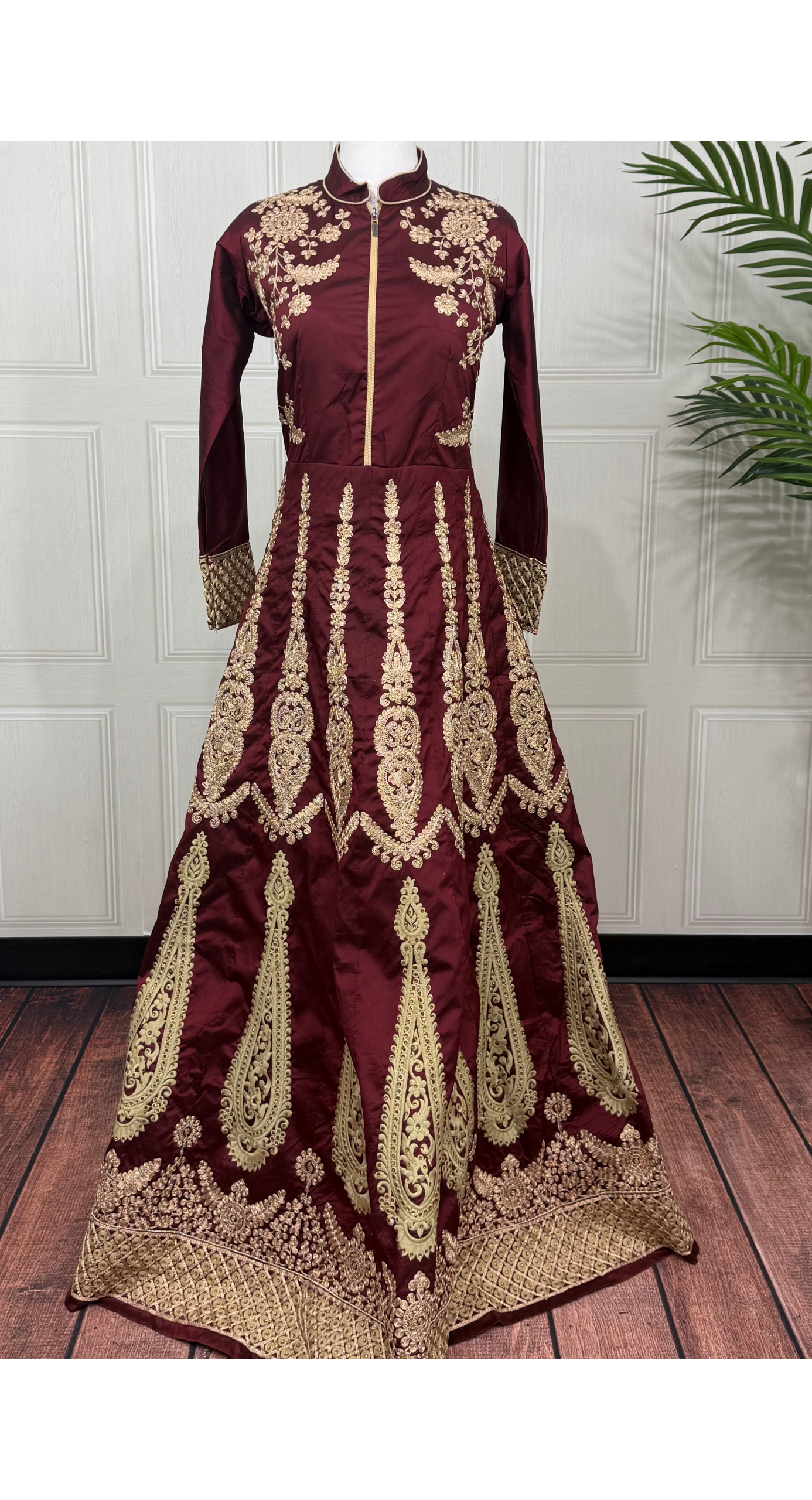 Maroon Zari & Thread Embroidered Anarkali - 3 Piece Silk Set