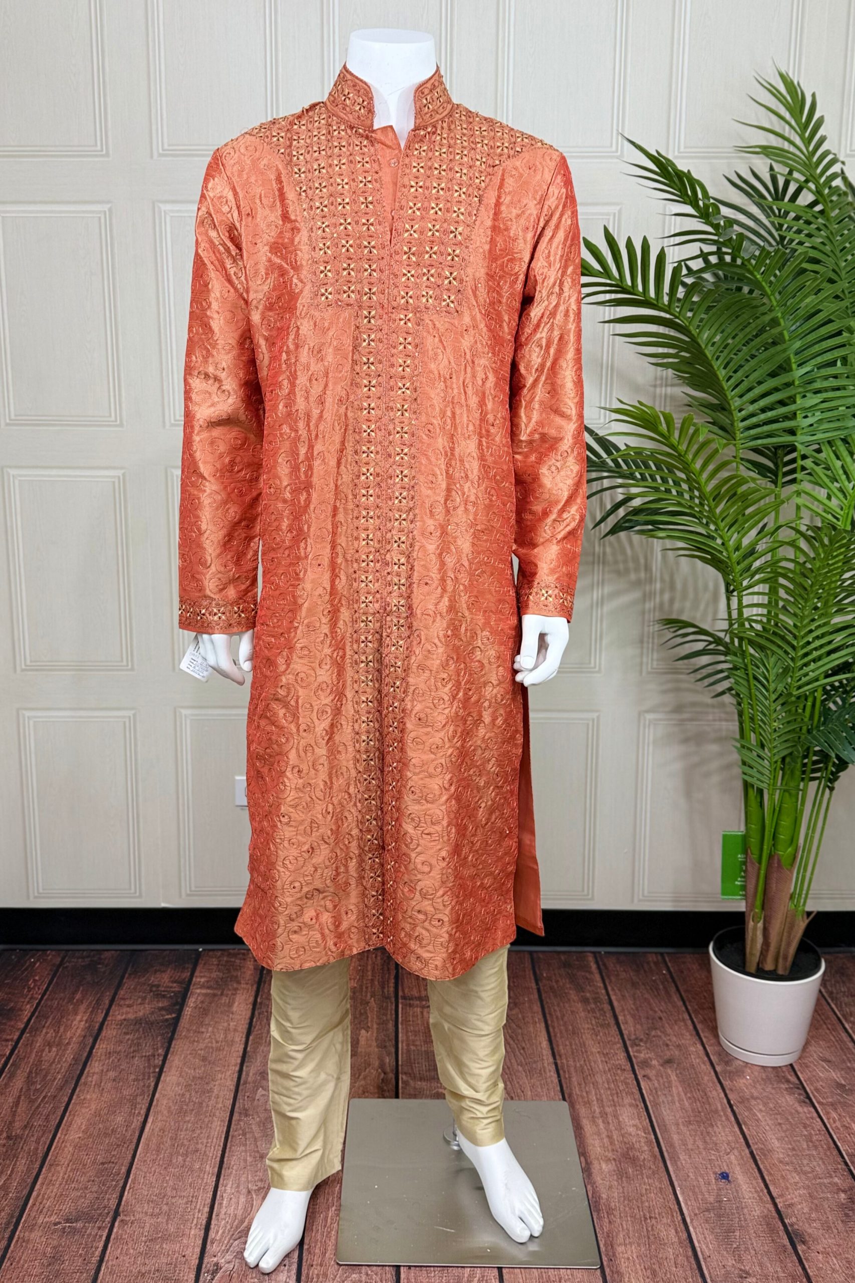 Men’s Kurta Set - Orange Satin Silk