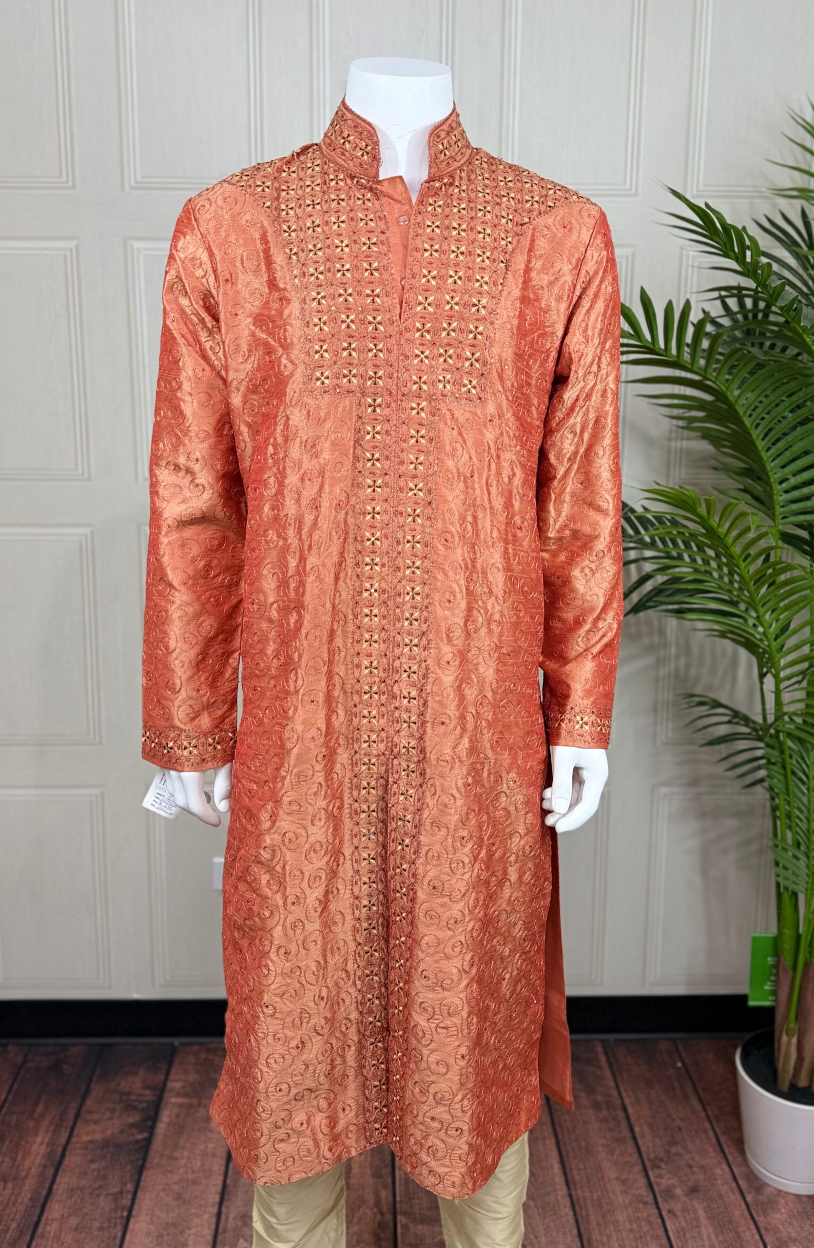 Men’s Kurta Set - Orange Satin Silk - Image 2