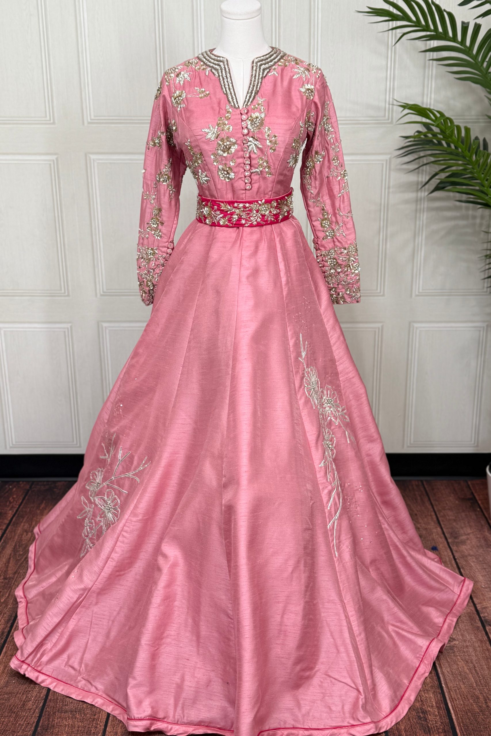 Coral Zardozi Belted Silk Gown