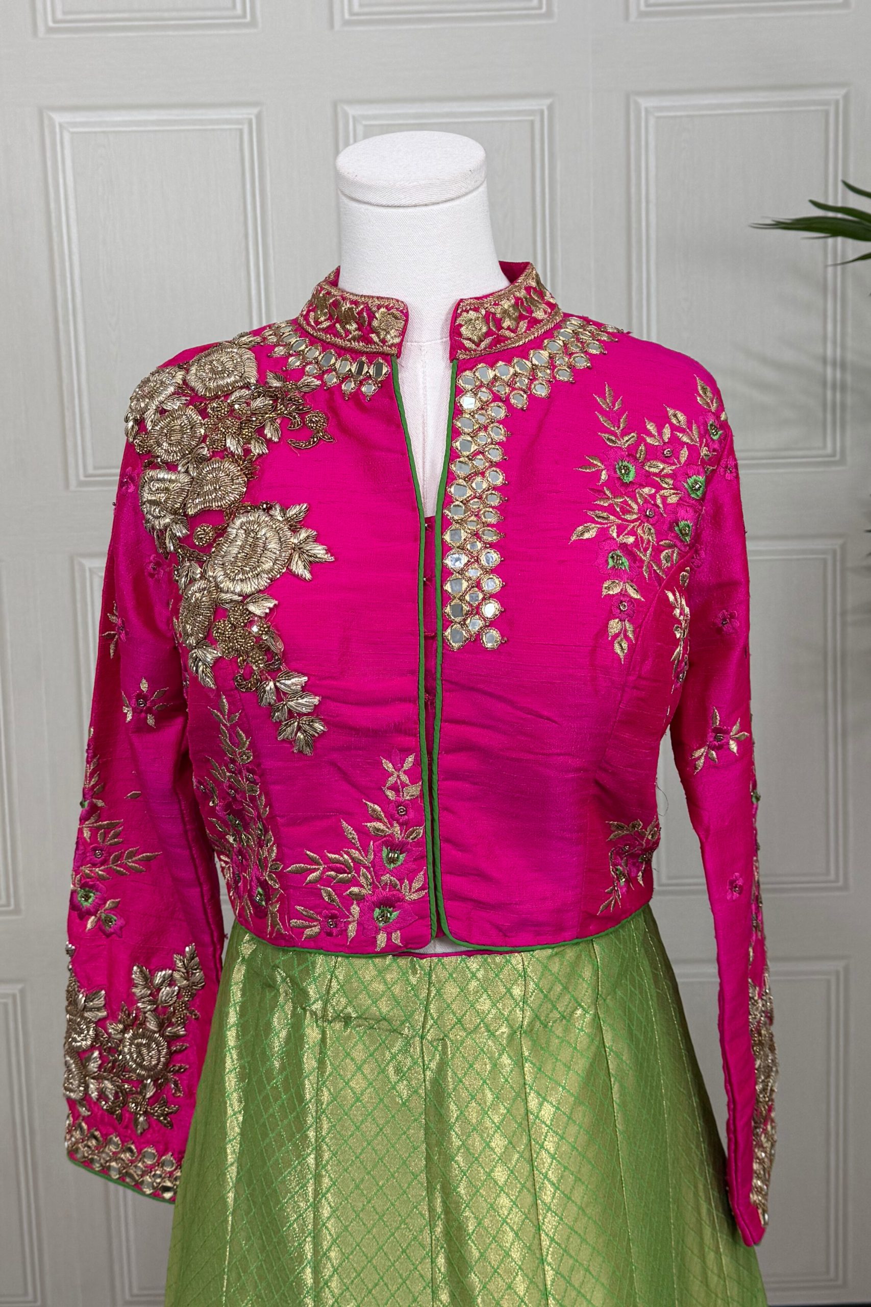 Hot Pink and Green Banarasi Lehenga with Zardozi and Mirror Work - Image 2