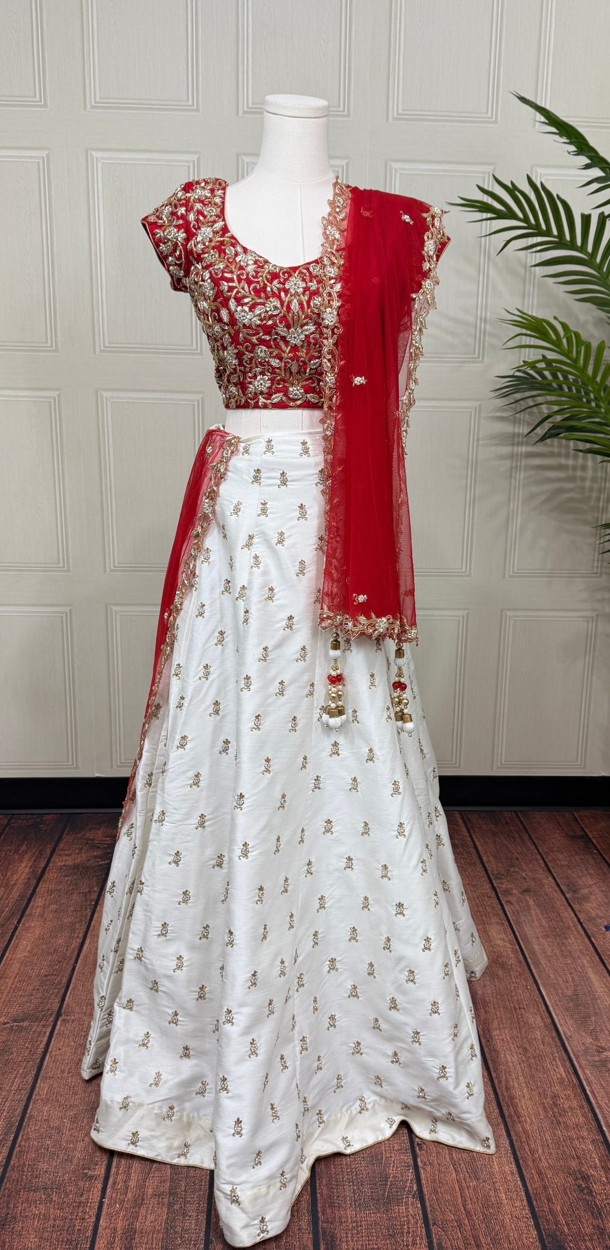 Red and White Raw Silk Lehenga with Cutdana, Pearl, Stone and Zari Work