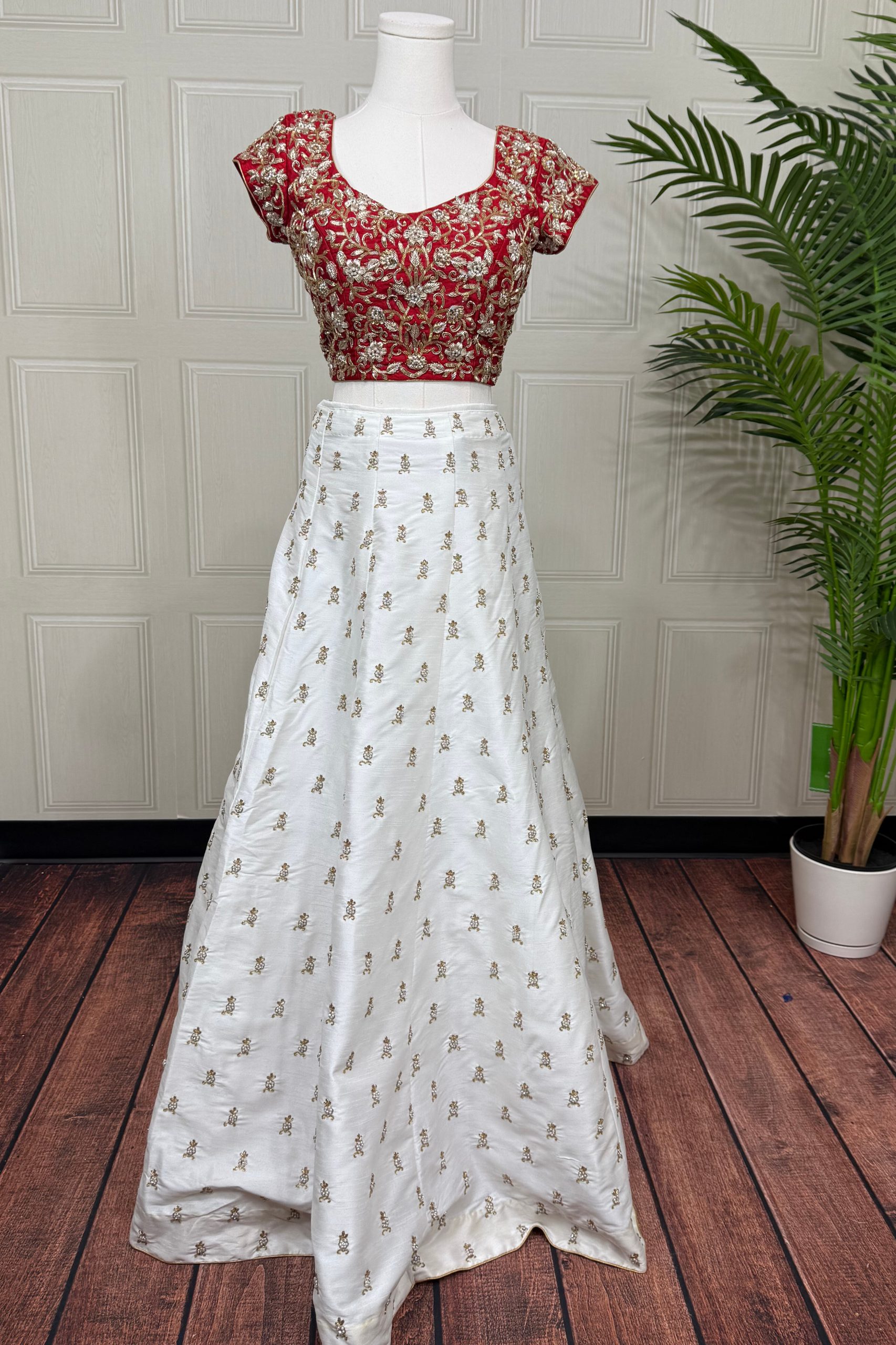 Red and White Raw Silk Lehenga with Cutdana, Pearl, Stone and Zari Work - Image 2