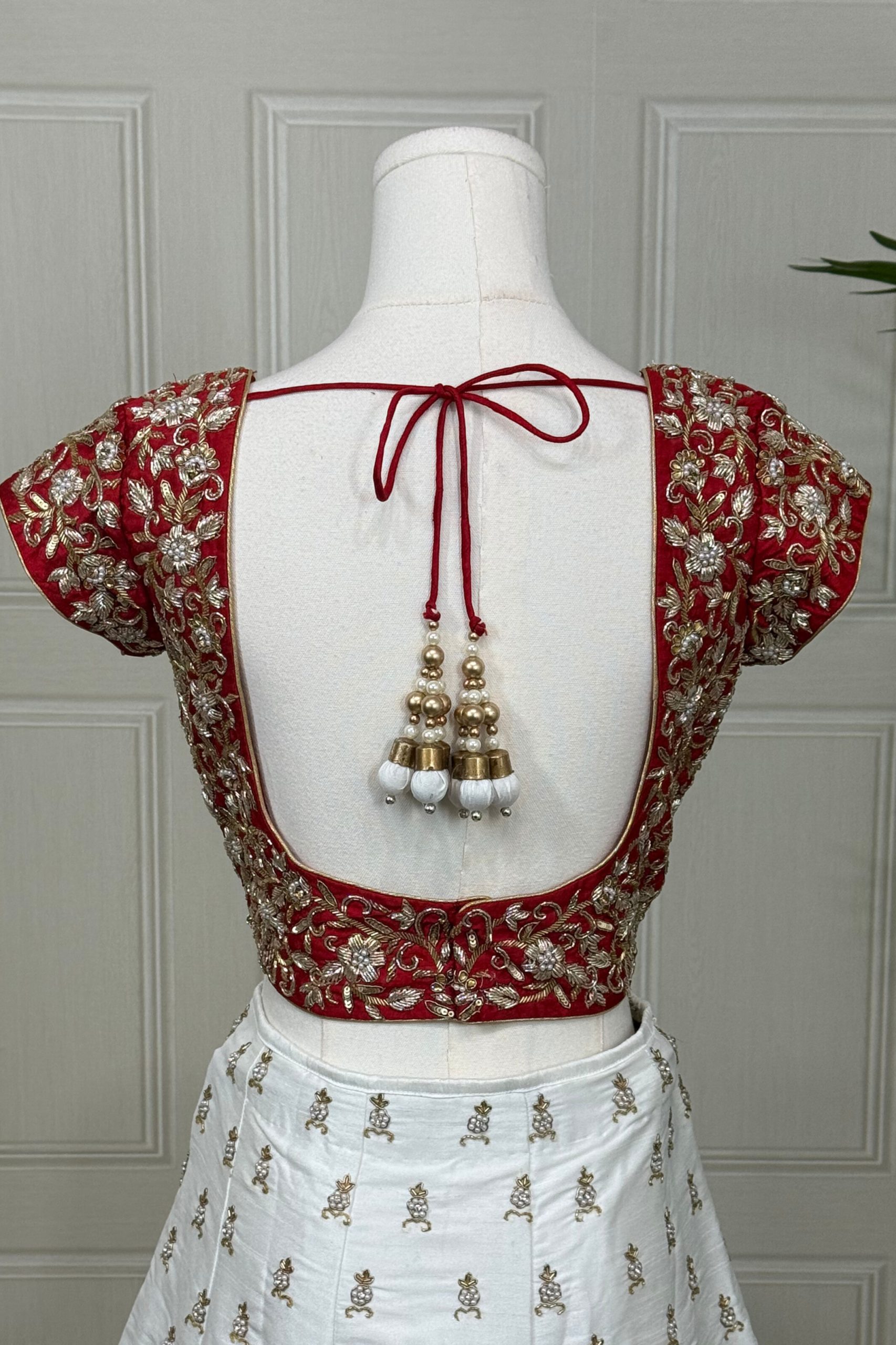 Red and White Raw Silk Lehenga with Cutdana, Pearl, Stone and Zari Work - Image 3