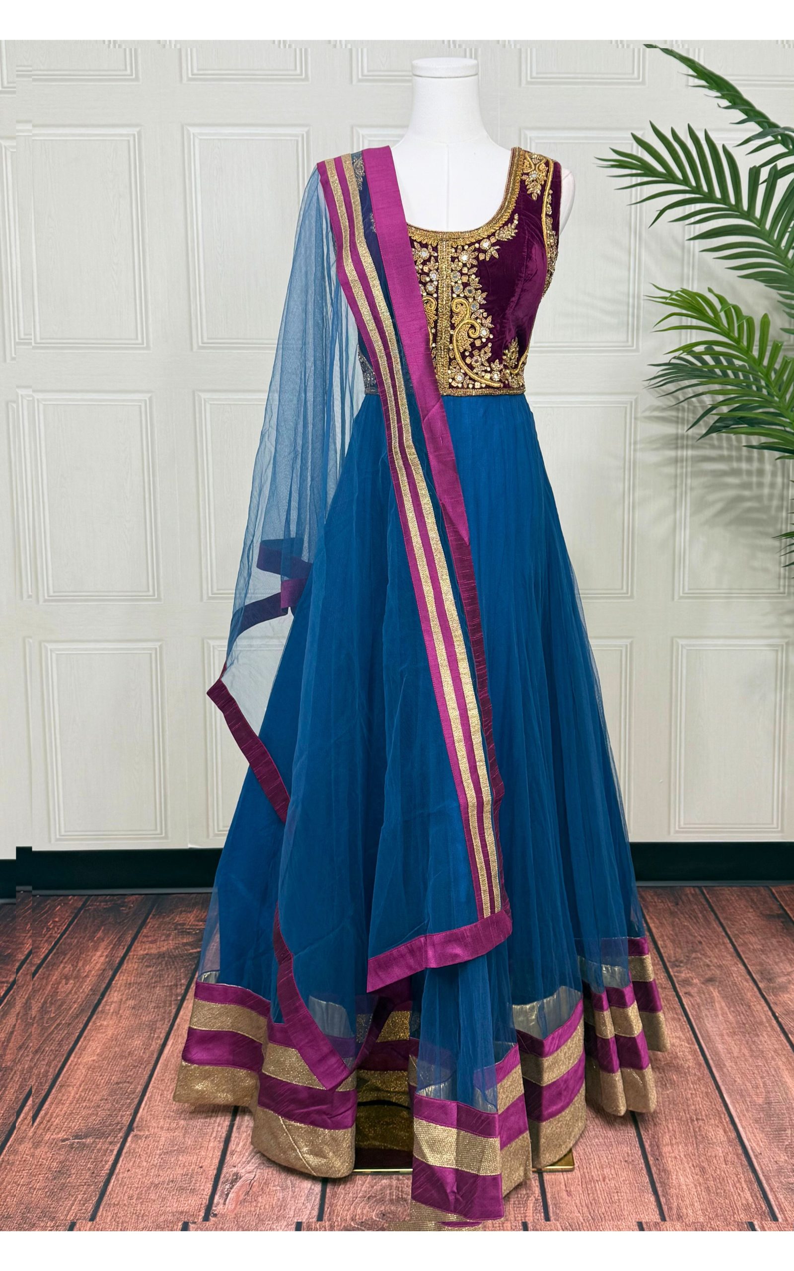 Midnight Blue & Wine Anarkali - 3 Piece Couture Set
