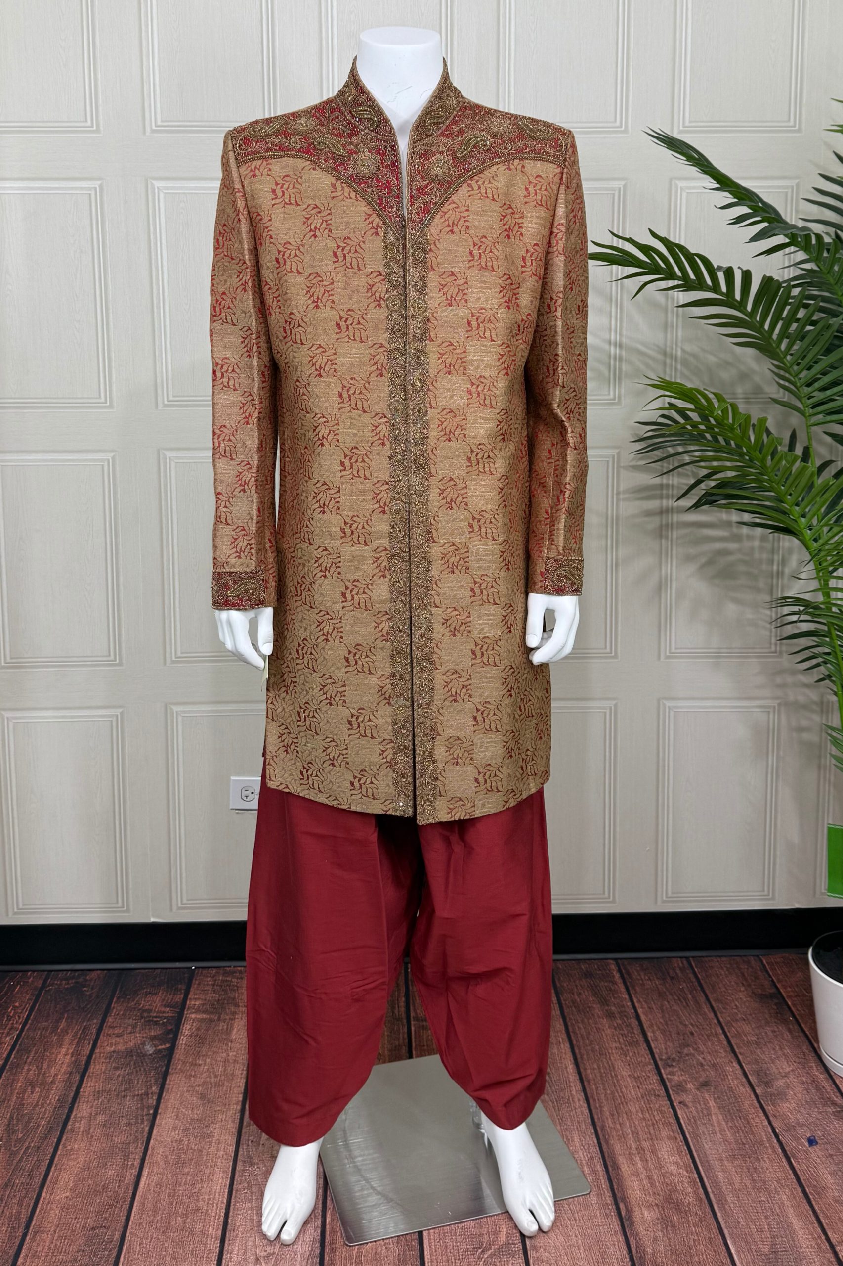 Classic Gold Brocade Sherwani with Red Dhoti Pants