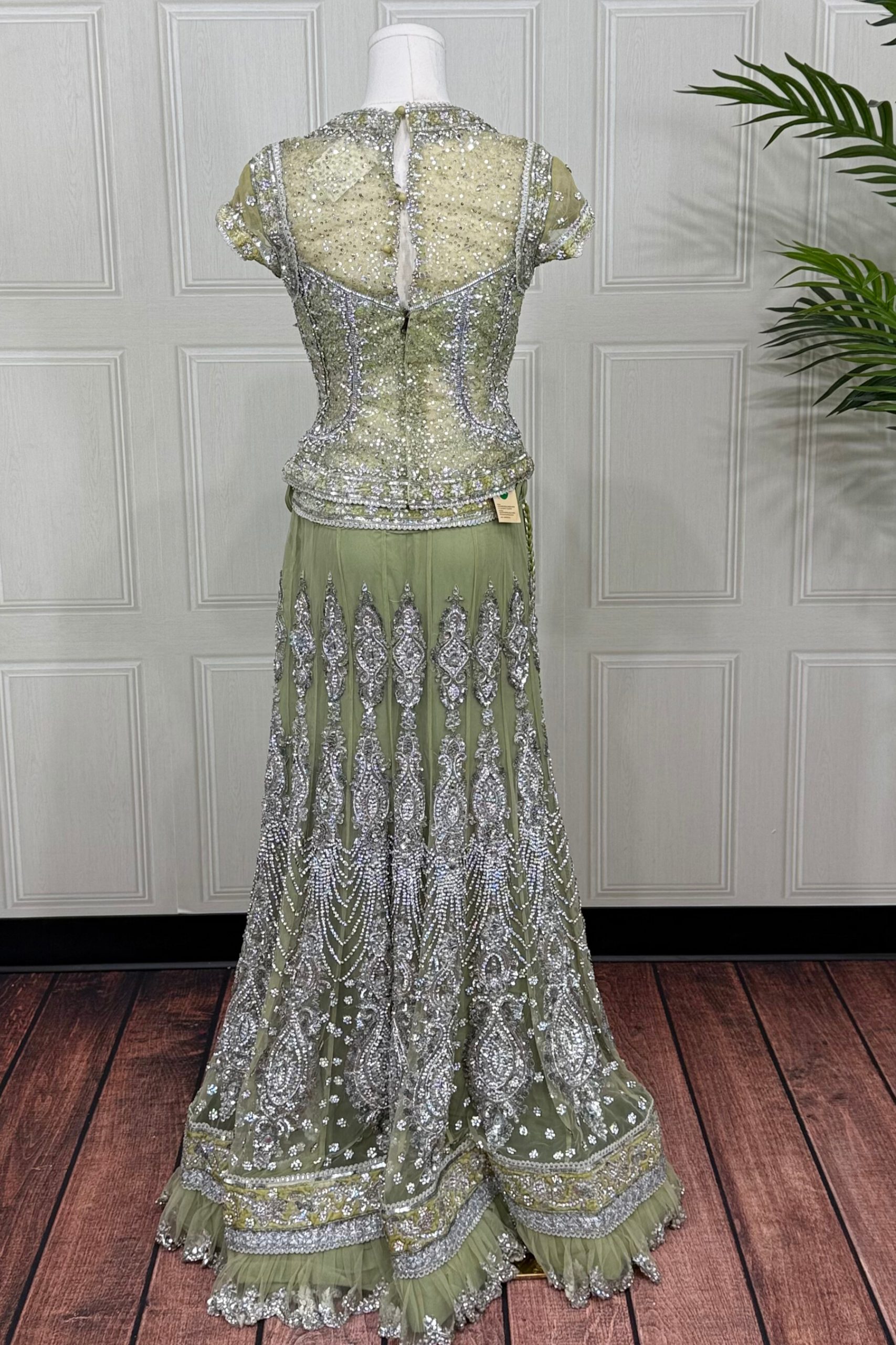 Sage Green Soft Net Lehenga Set with Heavy Zardozi and Stone Work - Image 3