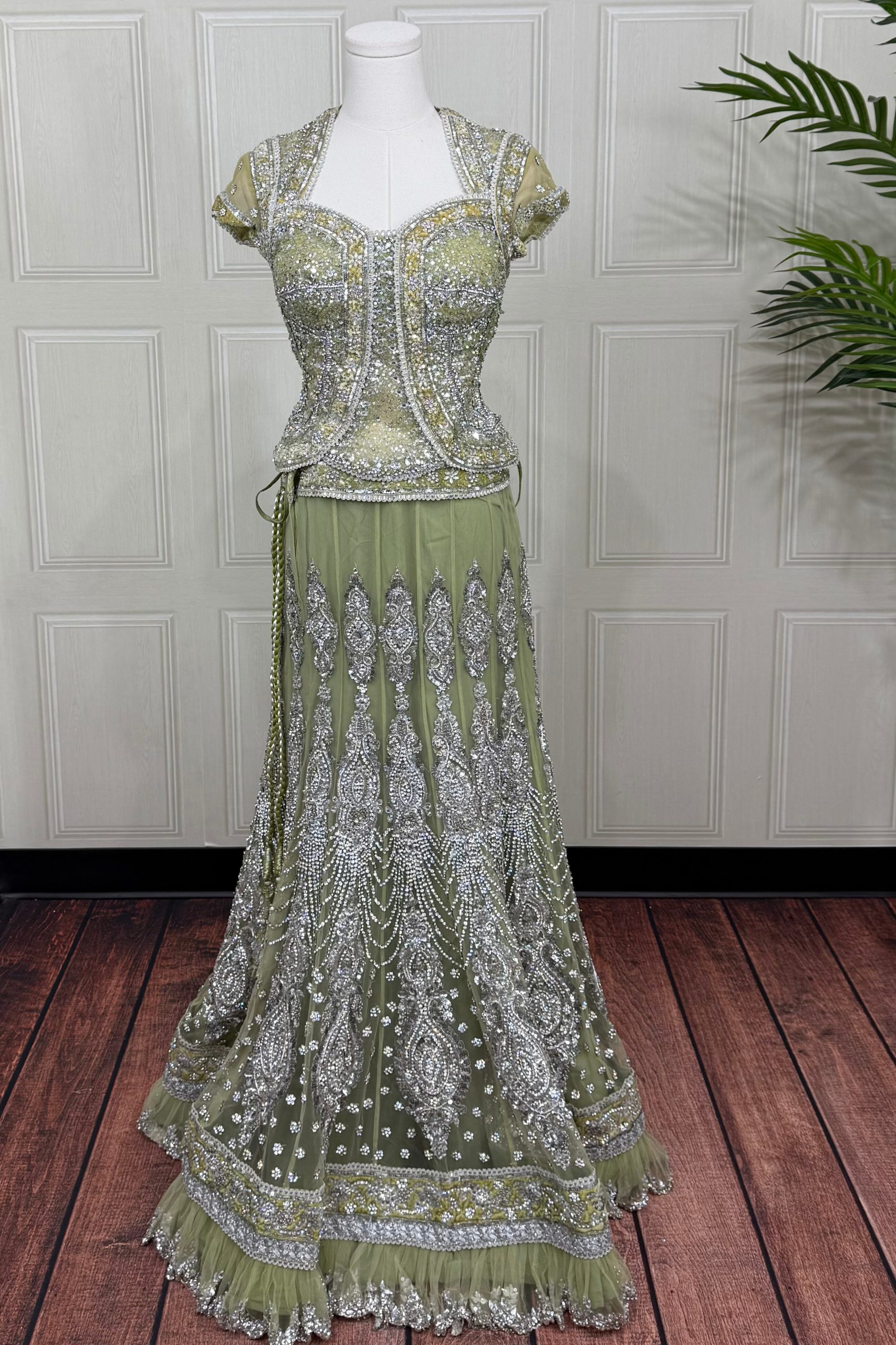 Sage Green Soft Net Lehenga Set with Heavy Zardozi and Stone Work - Image 2