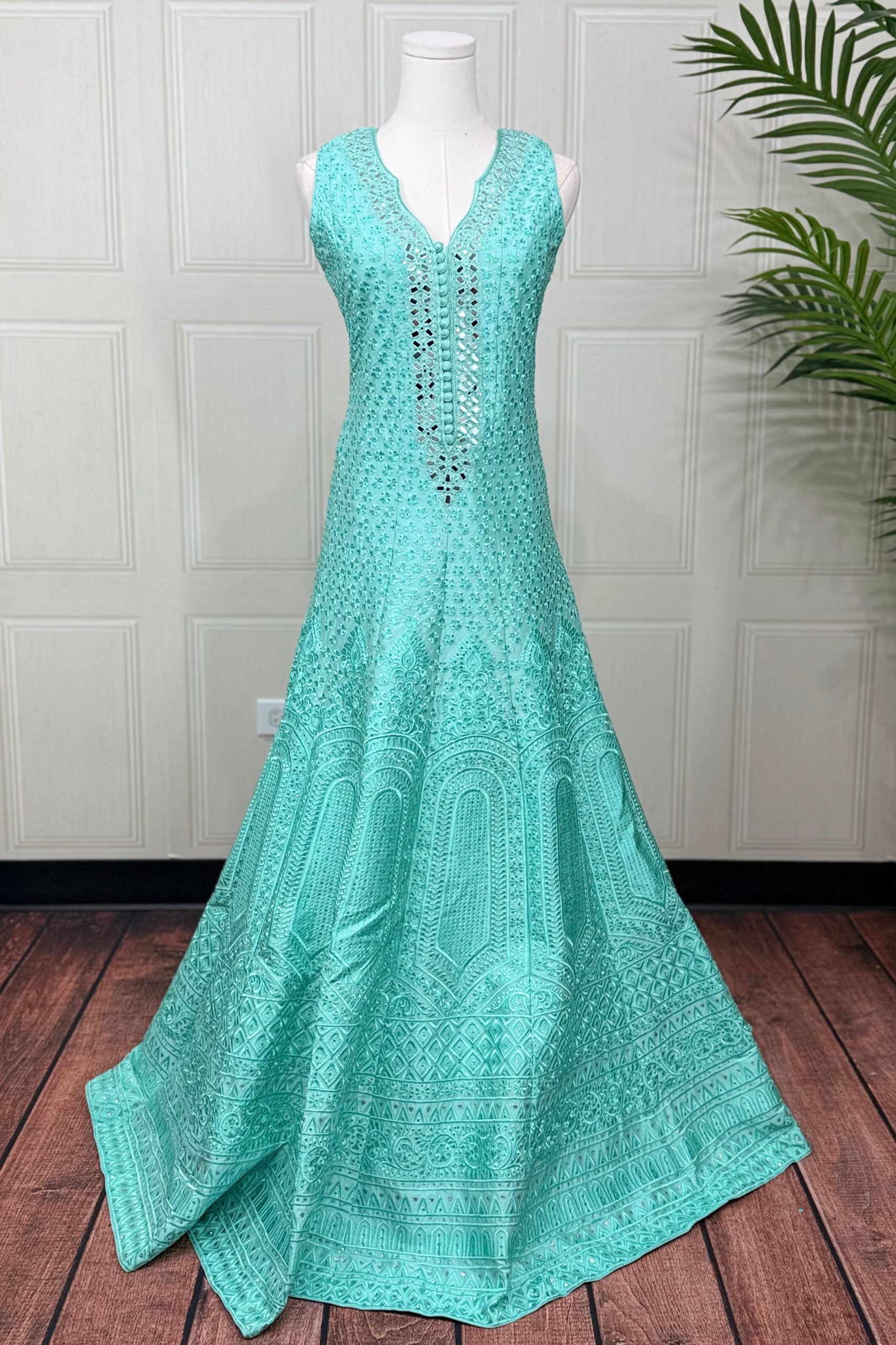 Aqua Sparkle Mirror Work Gown