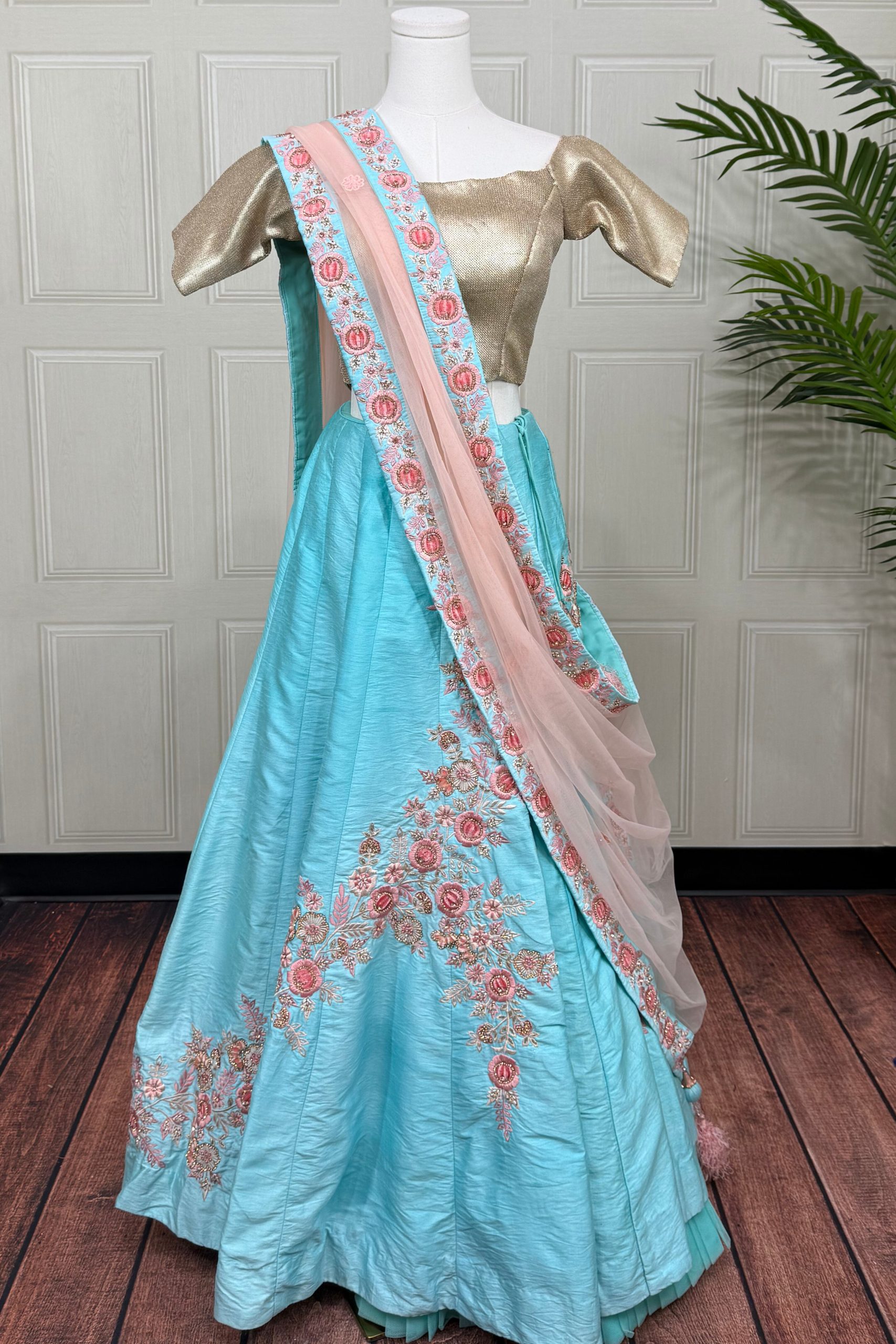 Blue and Peach Lehenga Set with Thread and Stone Work
