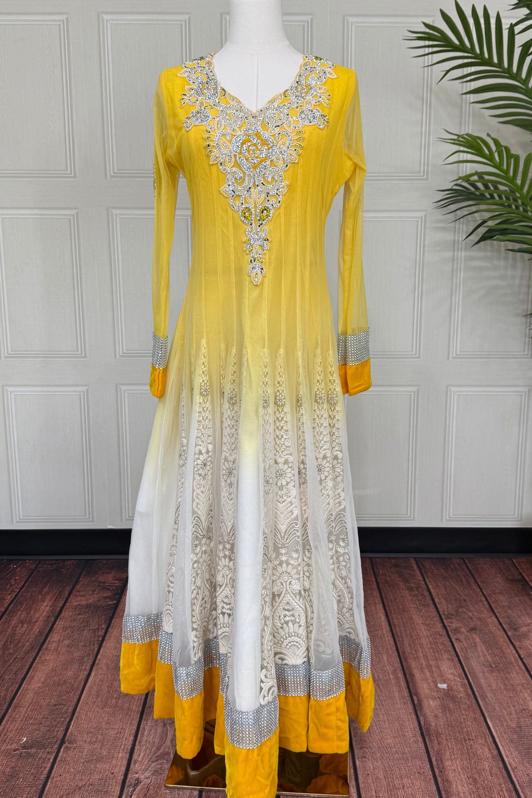 Yellow and White Anarkali Set with Stone Work - Image 2