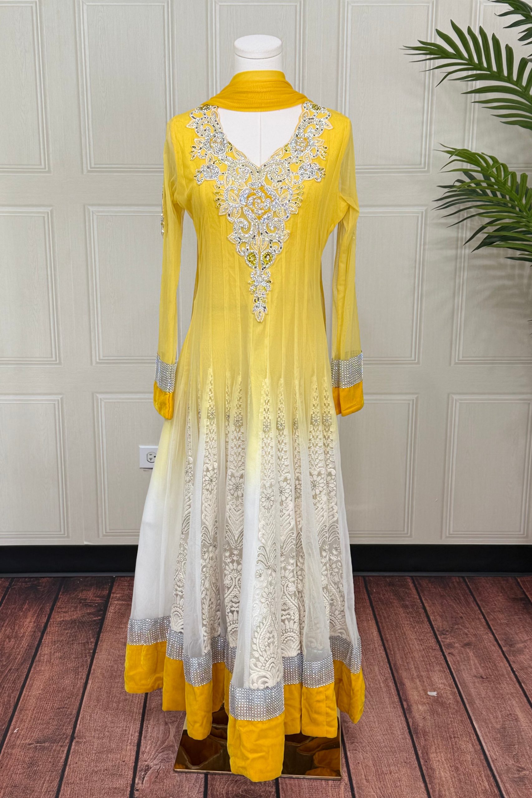 Yellow and White Anarkali Set with Stone Work - Image 3