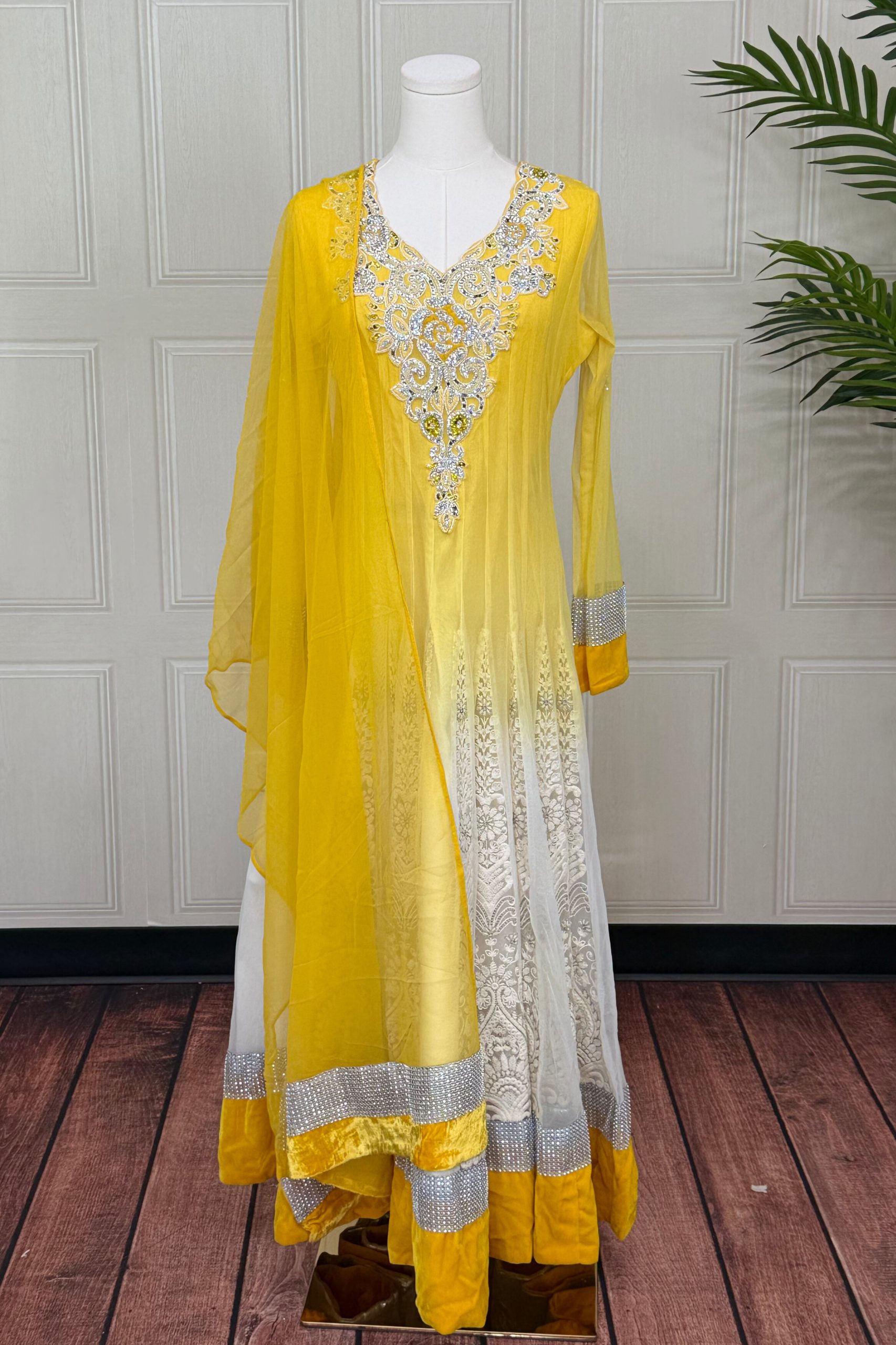 Yellow and White Anarkali Set with Stone Work